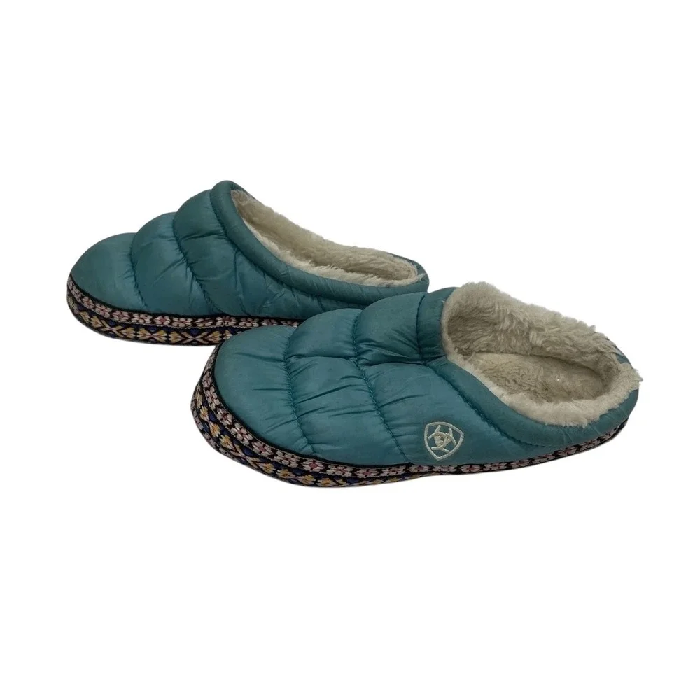 🔥Ariat Kid🚨Small Puffer Slippers Blue Quilted Fleece Lined Mules Western Aztec